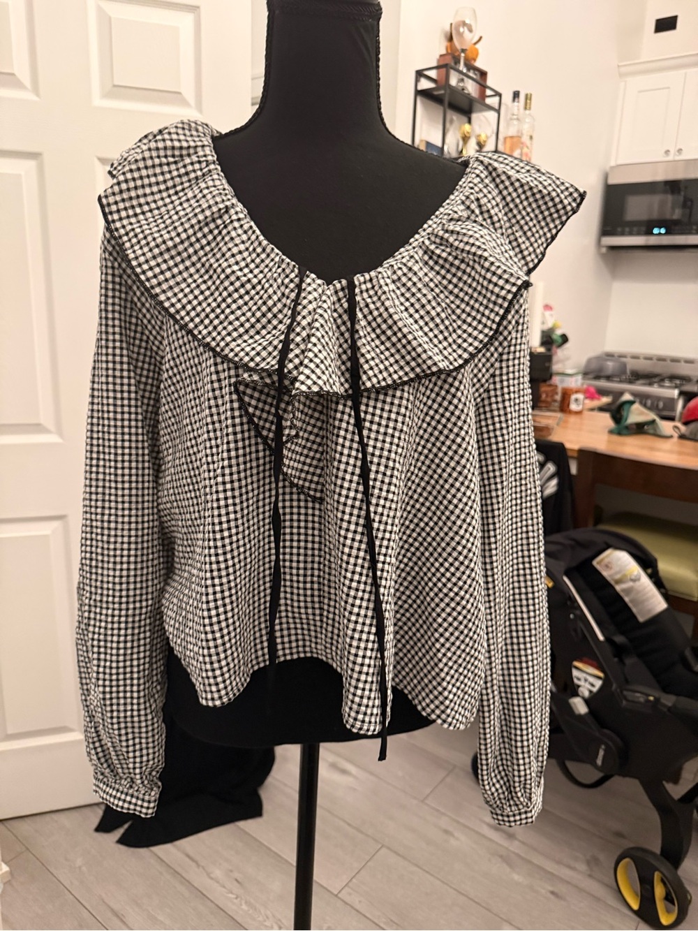 Zara Black and White Gingham Ruffle Tie-Front Blouse